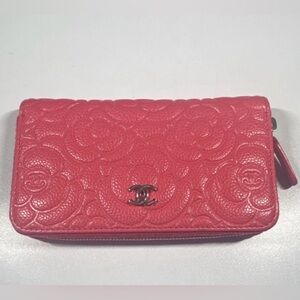 Authentic CHANEL Pink Floral Embossed Zip-Around Wallet for Women (Discontinued)